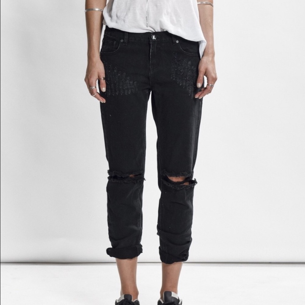 Free People OTS Baggies Jeans Black Straight leg Distressed grunge Whimsigoth
